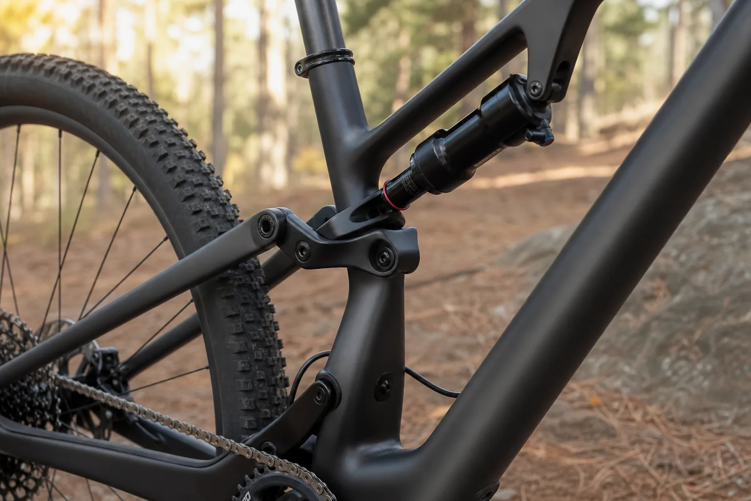 Amortisseur arrière sur un VTT XC tout suspendu posé sur un sentier forestier