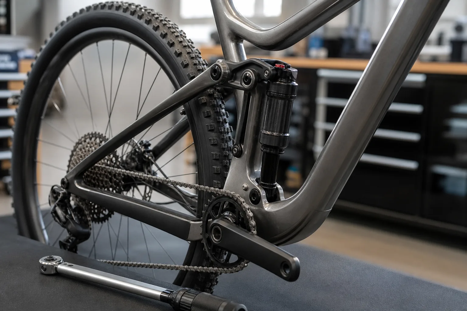 Détail de l’amortisseur arrière d’un VTT XC tout suspendu