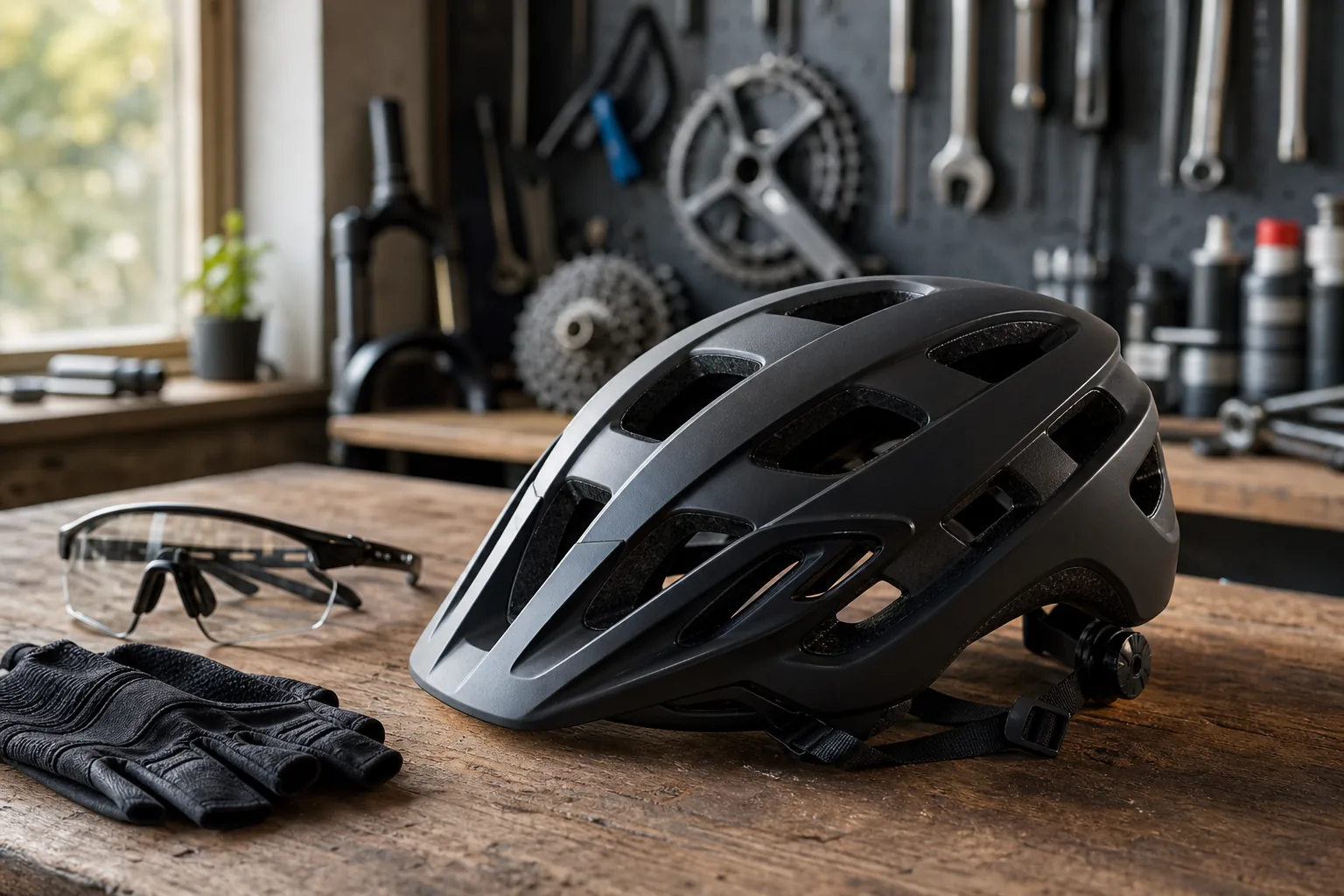 Détails de réglage et d’aération d’un casque VTT XC posé avec des accessoires de sortie