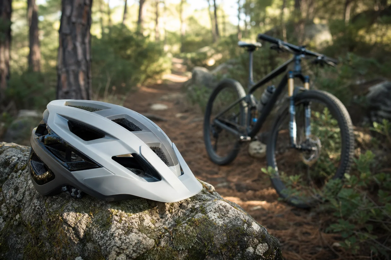 Casque VTT XC moderne posé près d’un singletrack forestier