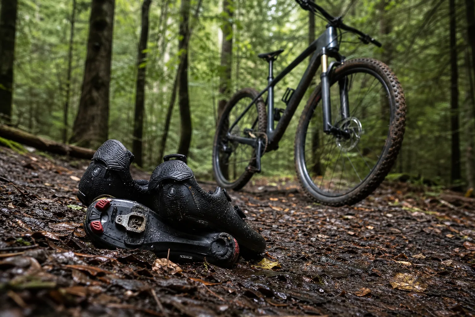 Chaussures VTT XC posées près d’un vélo de cross-country en forêt