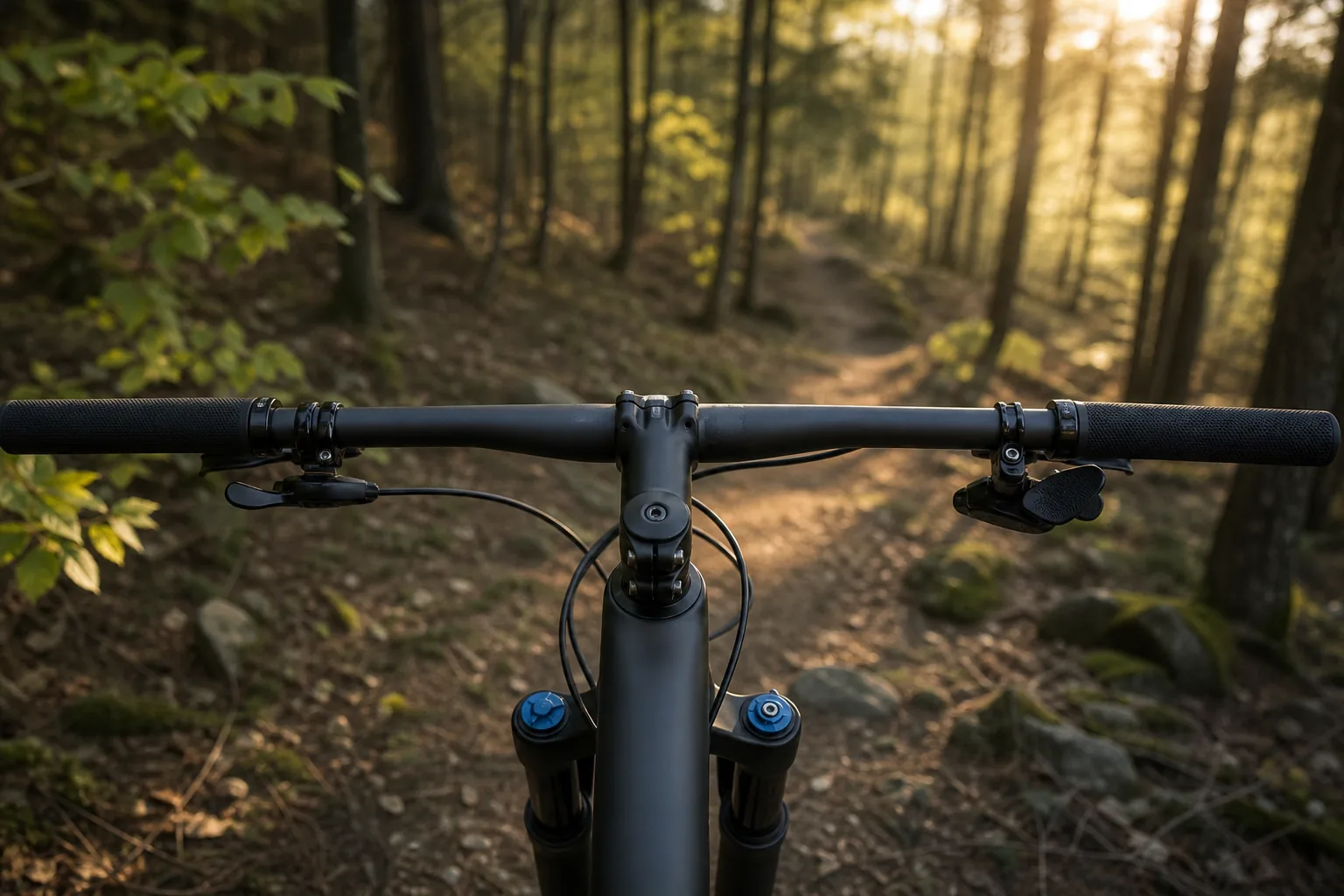 Cockpit de VTT XC avec cintre plat et commandes réglées sur un sentier