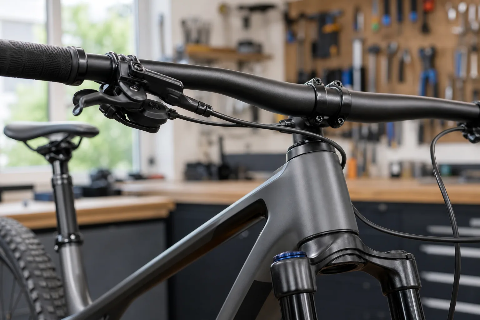 Commande de tige de selle télescopique sur un guidon de VTT XC en atelier