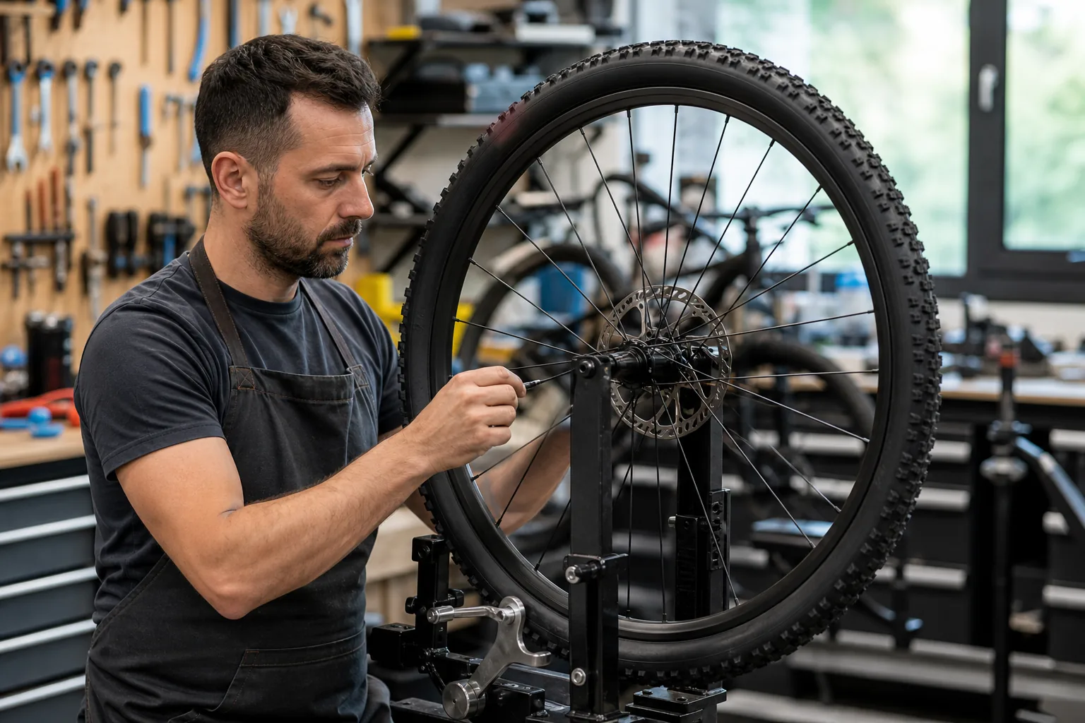 Contrôle d’une roue de VTT XC en atelier avec rayons, moyeu et pneu visibles