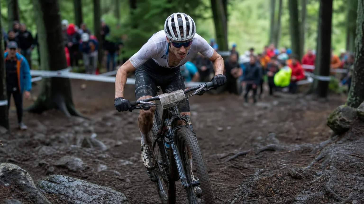 Pilote de VTT XC dans une montée raide de type Coupe du monde