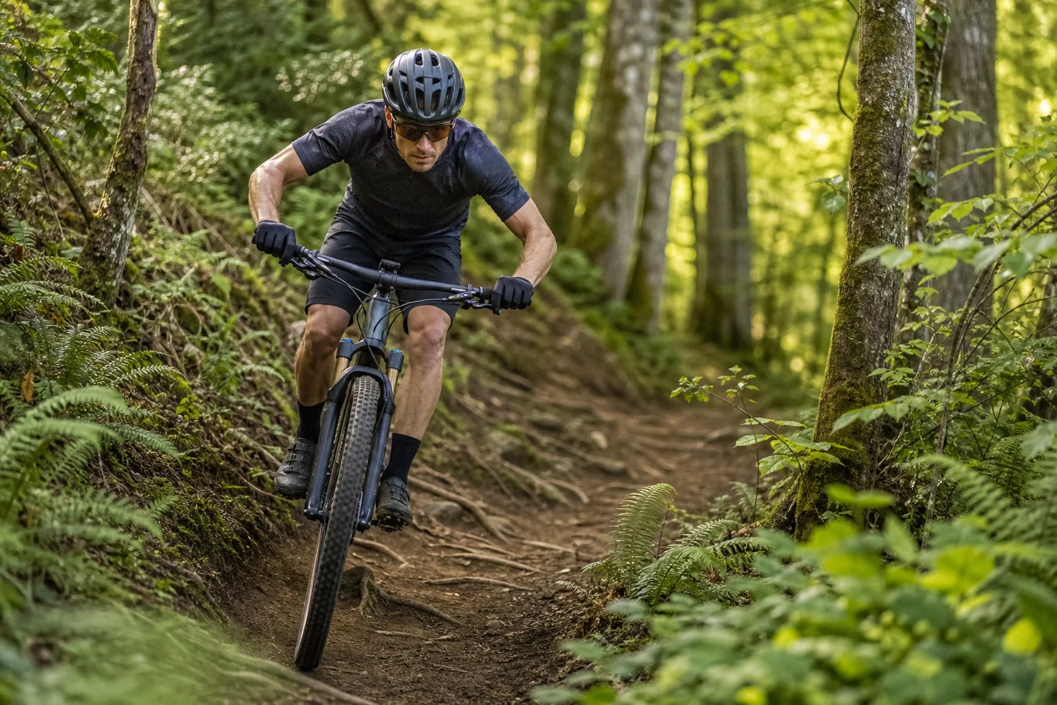 Pilote de VTT XC en effort dans une montée en forêt