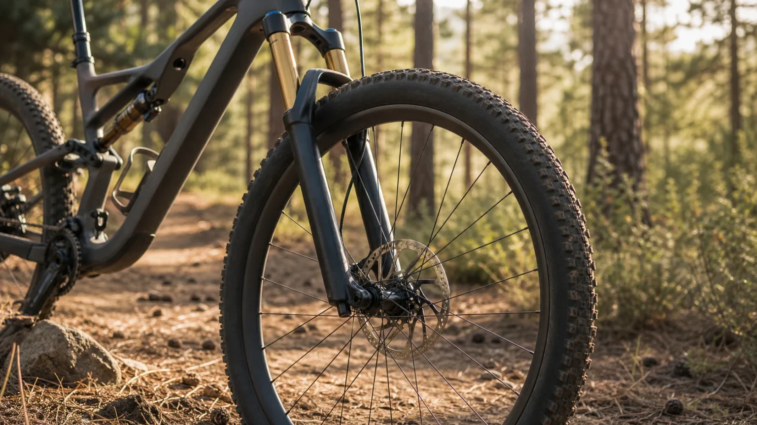 Fourche de VTT XC sur un sentier forestier
