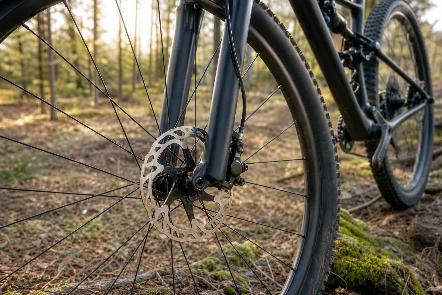Frein à disque hydraulique sur un VTT XC en lisière de forêt