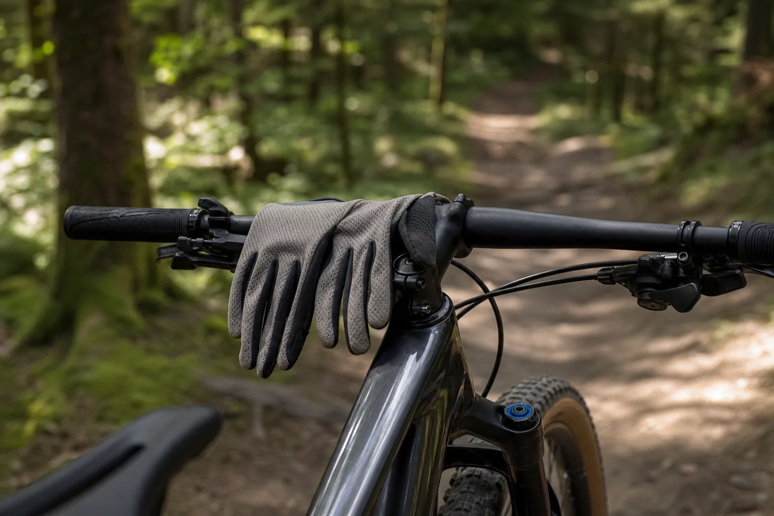 Gants de VTT XC légers posés sur le poste de pilotage d’un vélo cross-country