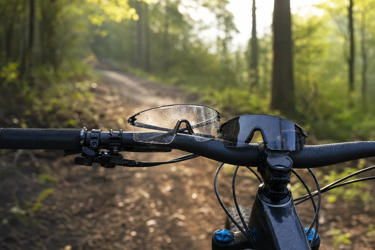 Lunettes légères posées sur le poste de pilotage d’un VTT XC en bord de sentier