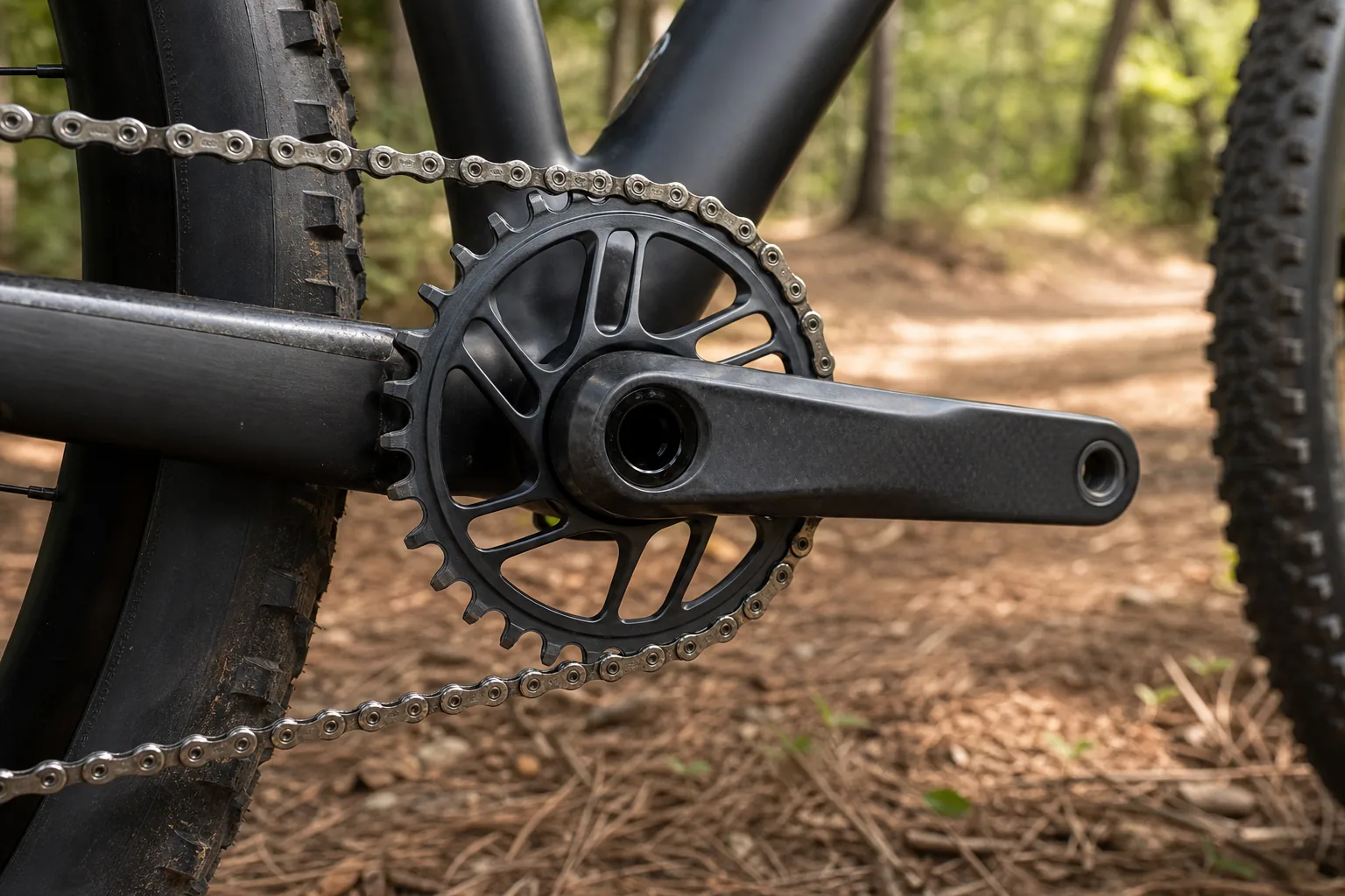 Pédalier de VTT XC avec plateau mono et manivelles carbone sur un sentier forestier