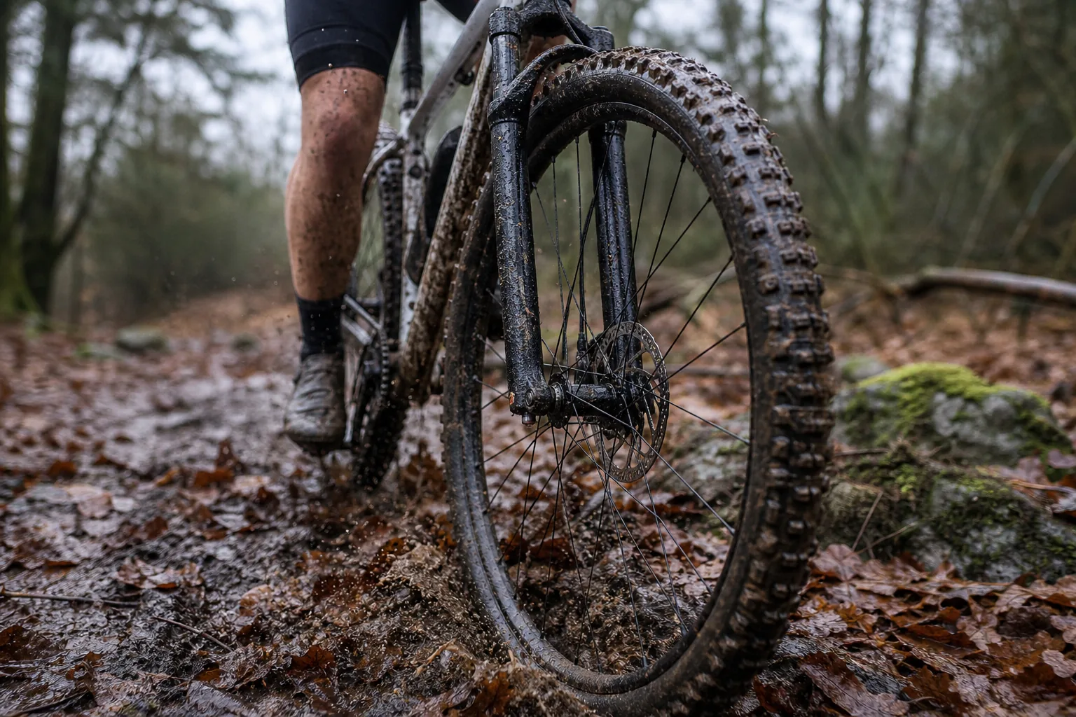VTT XC sur sentier boueux avec pneu avant à crampons espacés