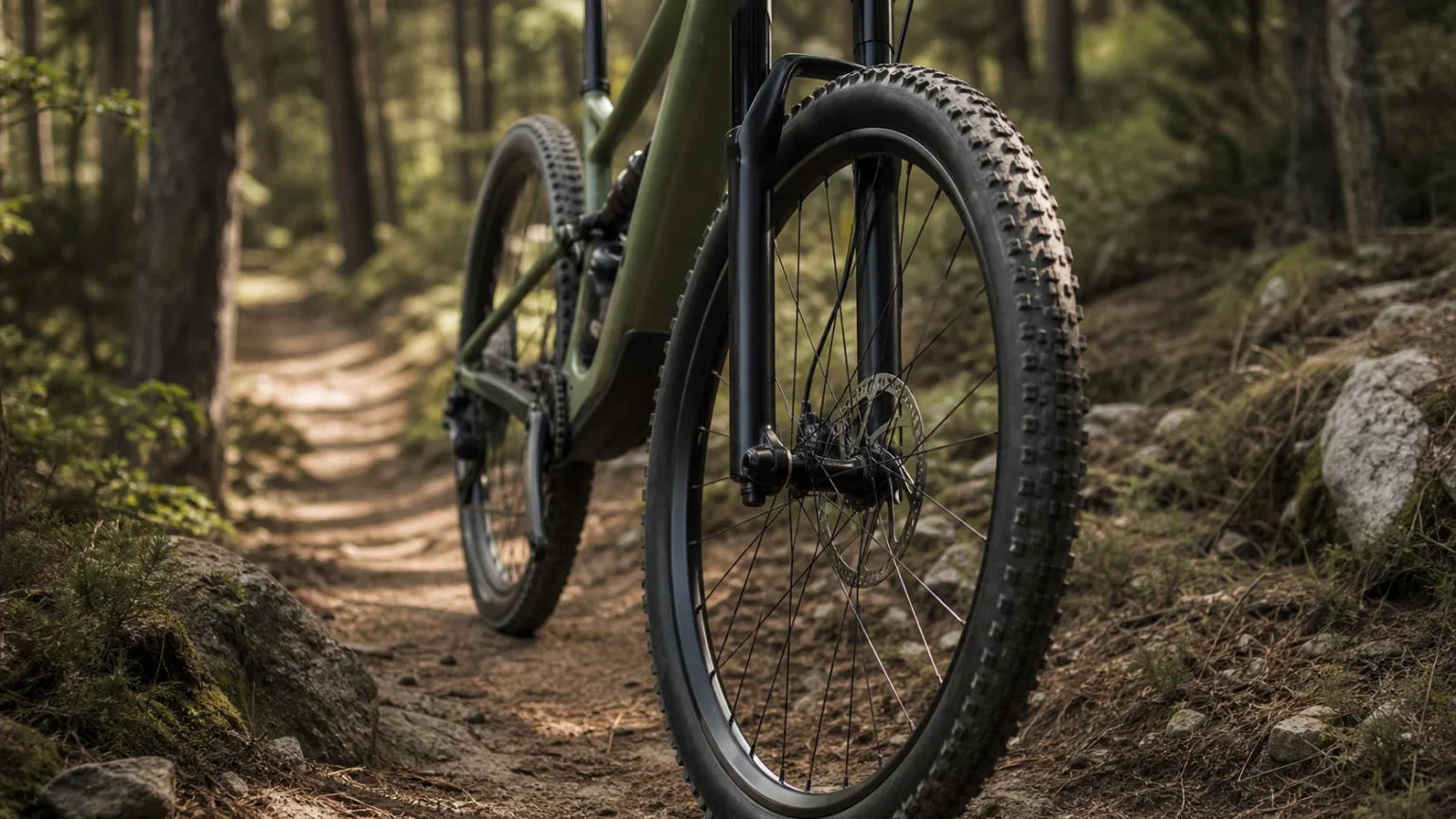 Pneu VTT XC 29 pouces sur un singletrack forestier sec