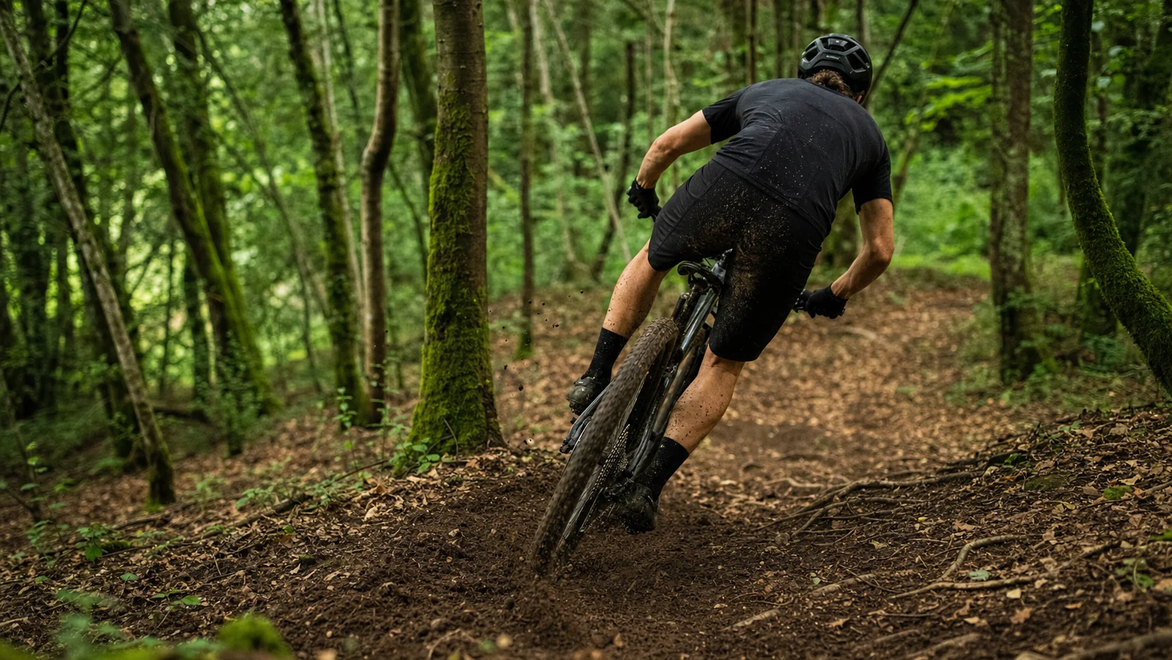 Vététiste XC dans un virage en sous-bois avec pneu en appui