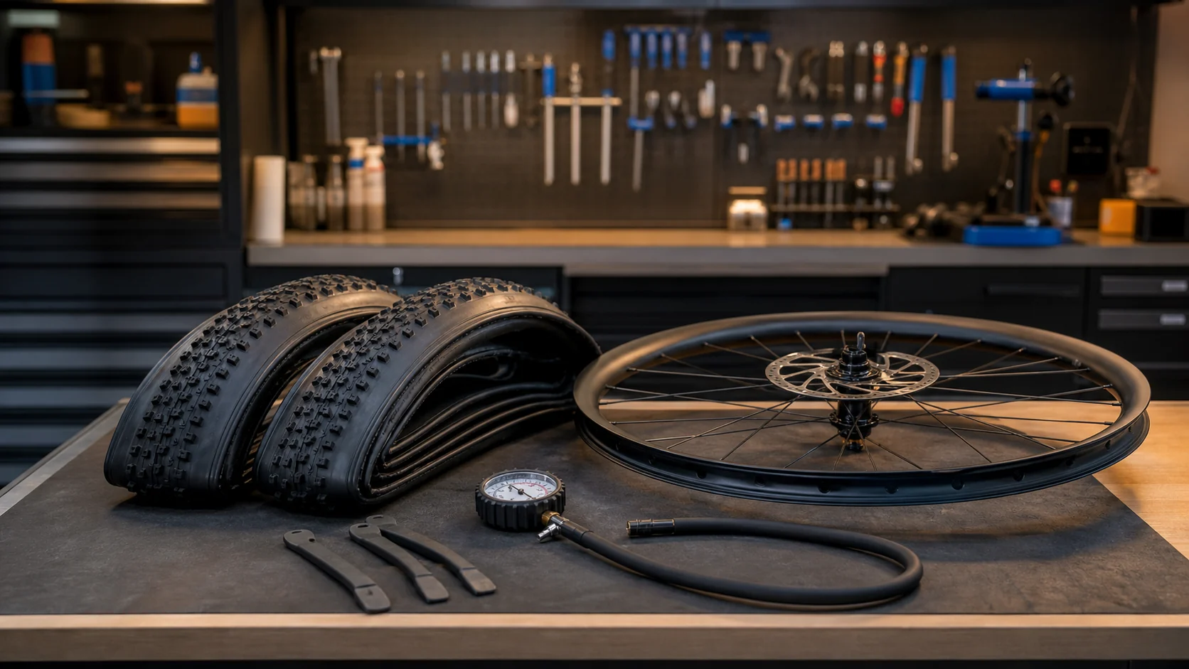 Pneus VTT XC tubeless avec manomètre dans un atelier vélo