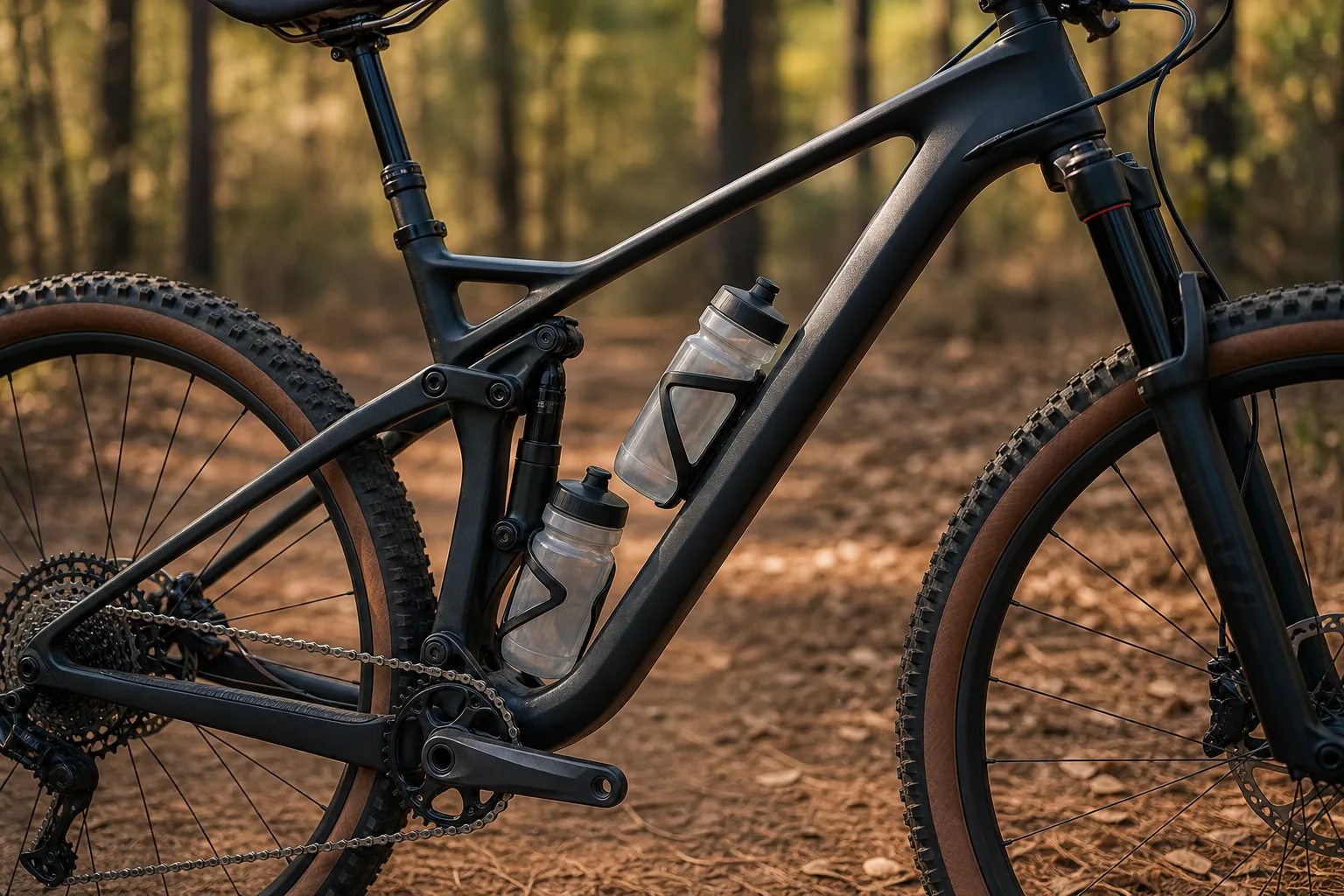 VTT XC avec deux porte-bidons montés dans le triangle du cadre