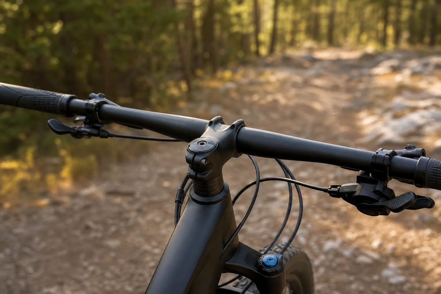 Potence courte et cintre plat sur un VTT XC moderne posé sur un sentier