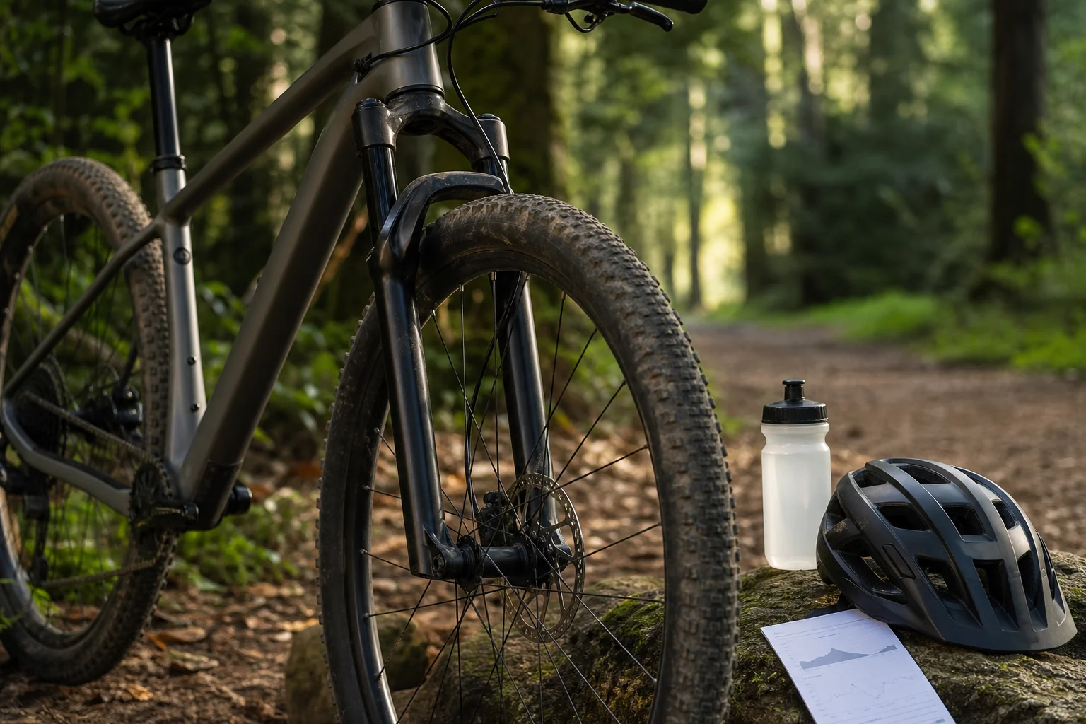 Préparation d’une sortie VTT XC avec casque, bidon et vélo