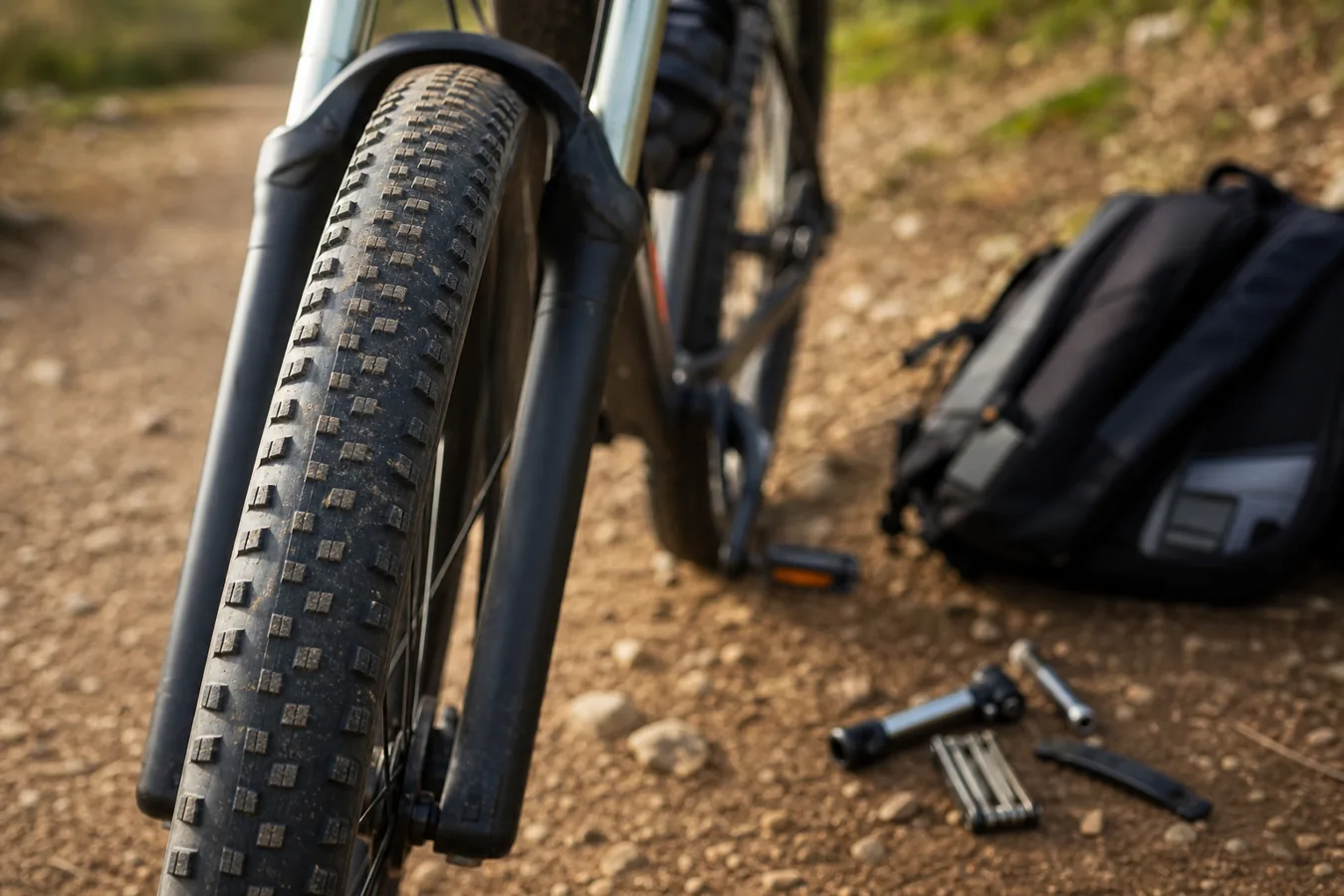 Détail d’un pneu VTT XC à crampons bas sur terrain compact