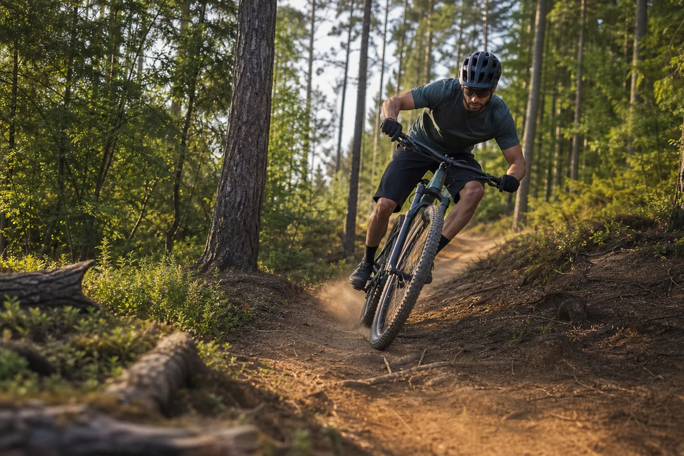 Pilote de VTT XC sur un sentier sec avec pneus adaptés au rendement