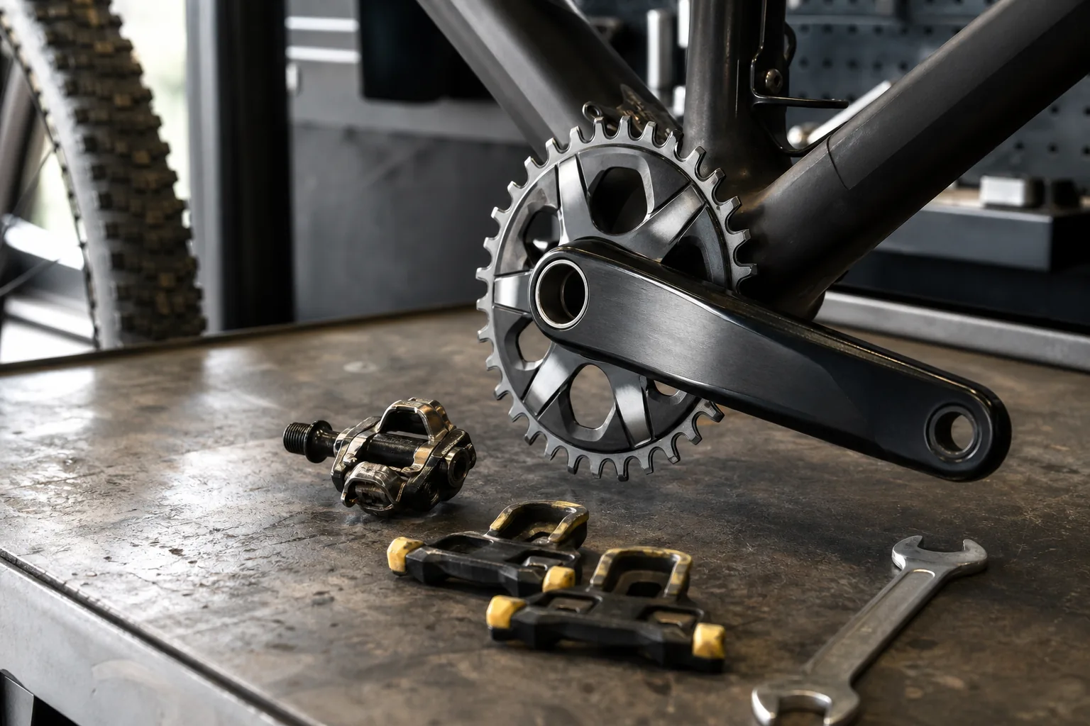 Réglage de cales et pédales automatiques VTT XC sur un établi
