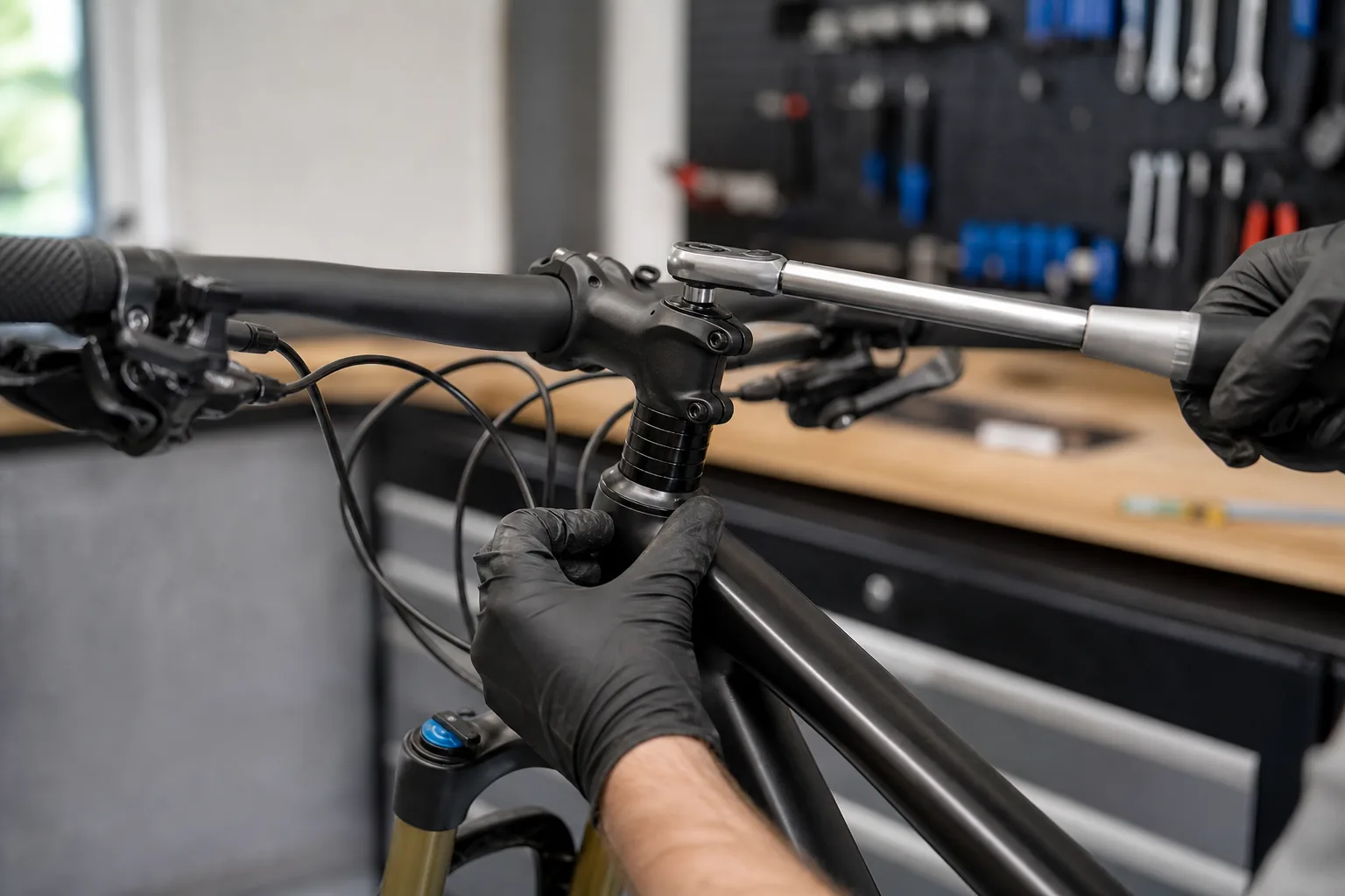 Réglage de la hauteur de potence et des entretoises sur un VTT XC en atelier