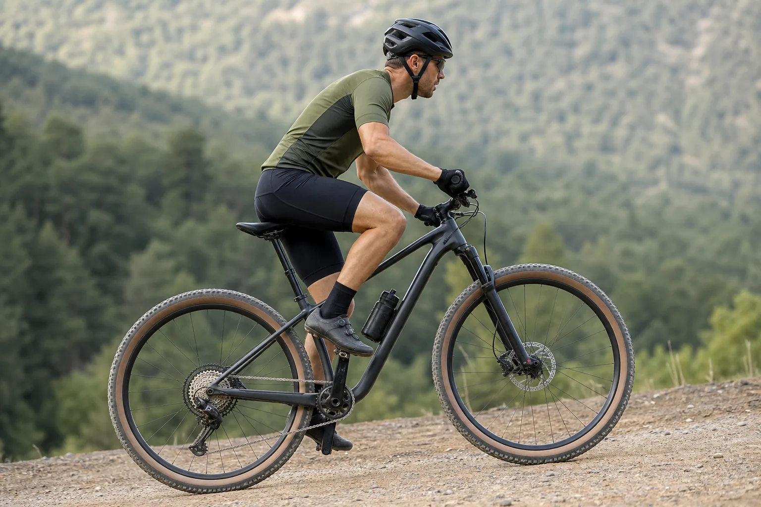 Cycliste en VTT XC assis en montée pour illustrer le réglage de selle