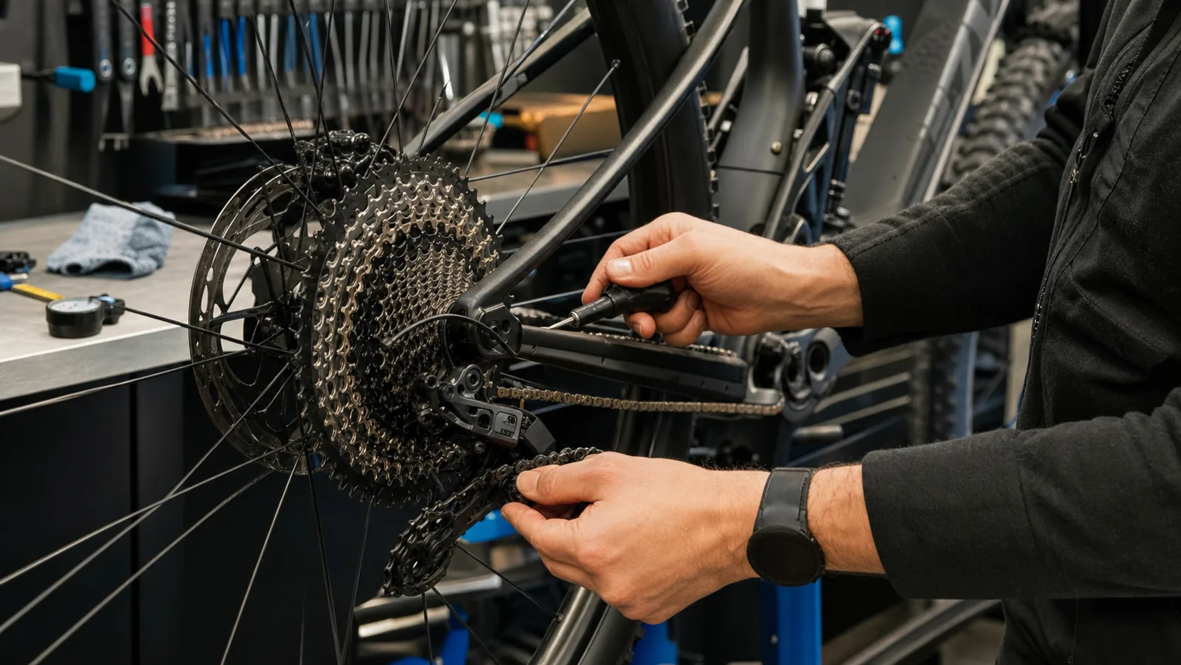 Réglage de transmission VTT XC en atelier avec chaîne et cassette visibles