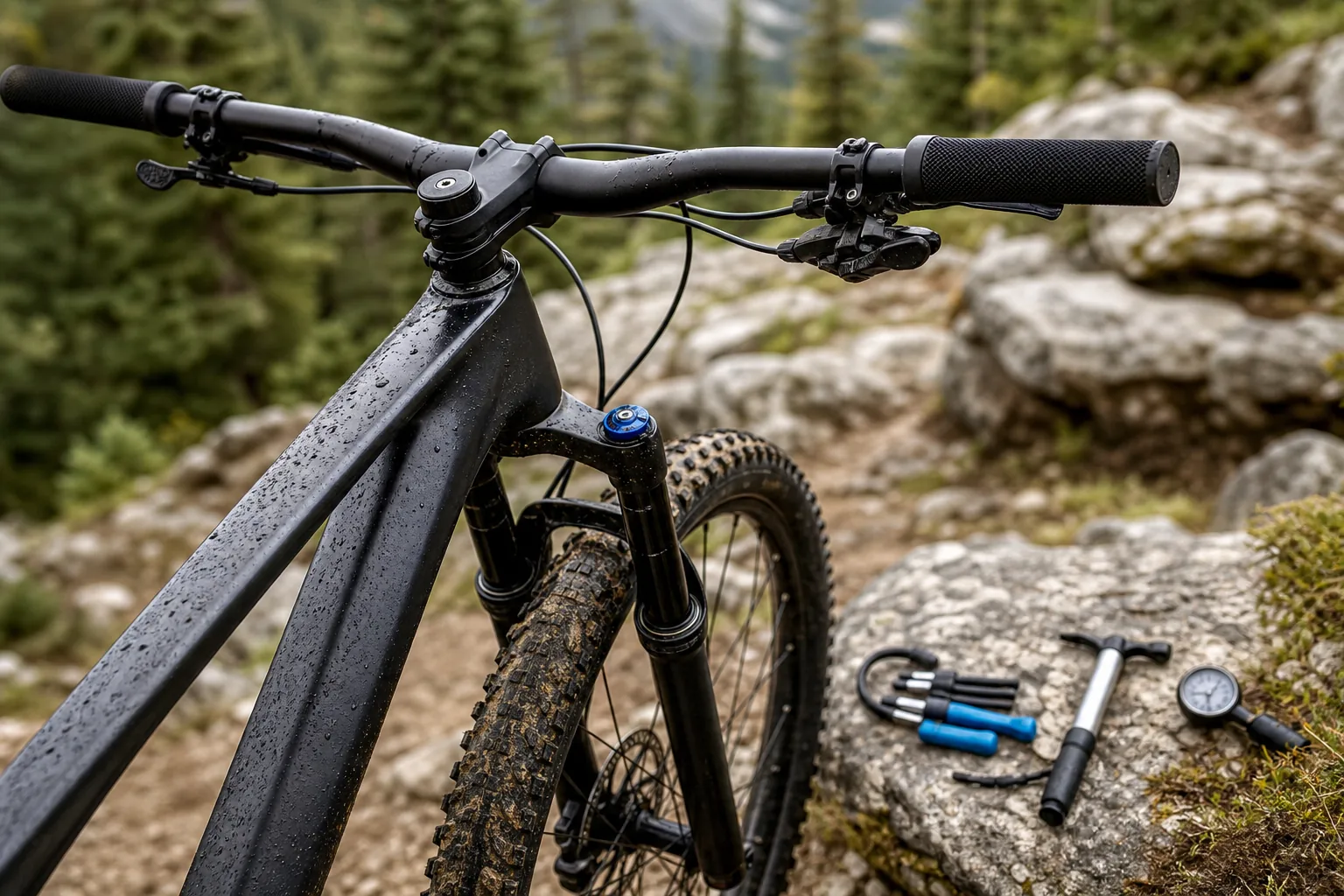 Détail d'un VTT cross-country préparé pour un circuit XCO technique