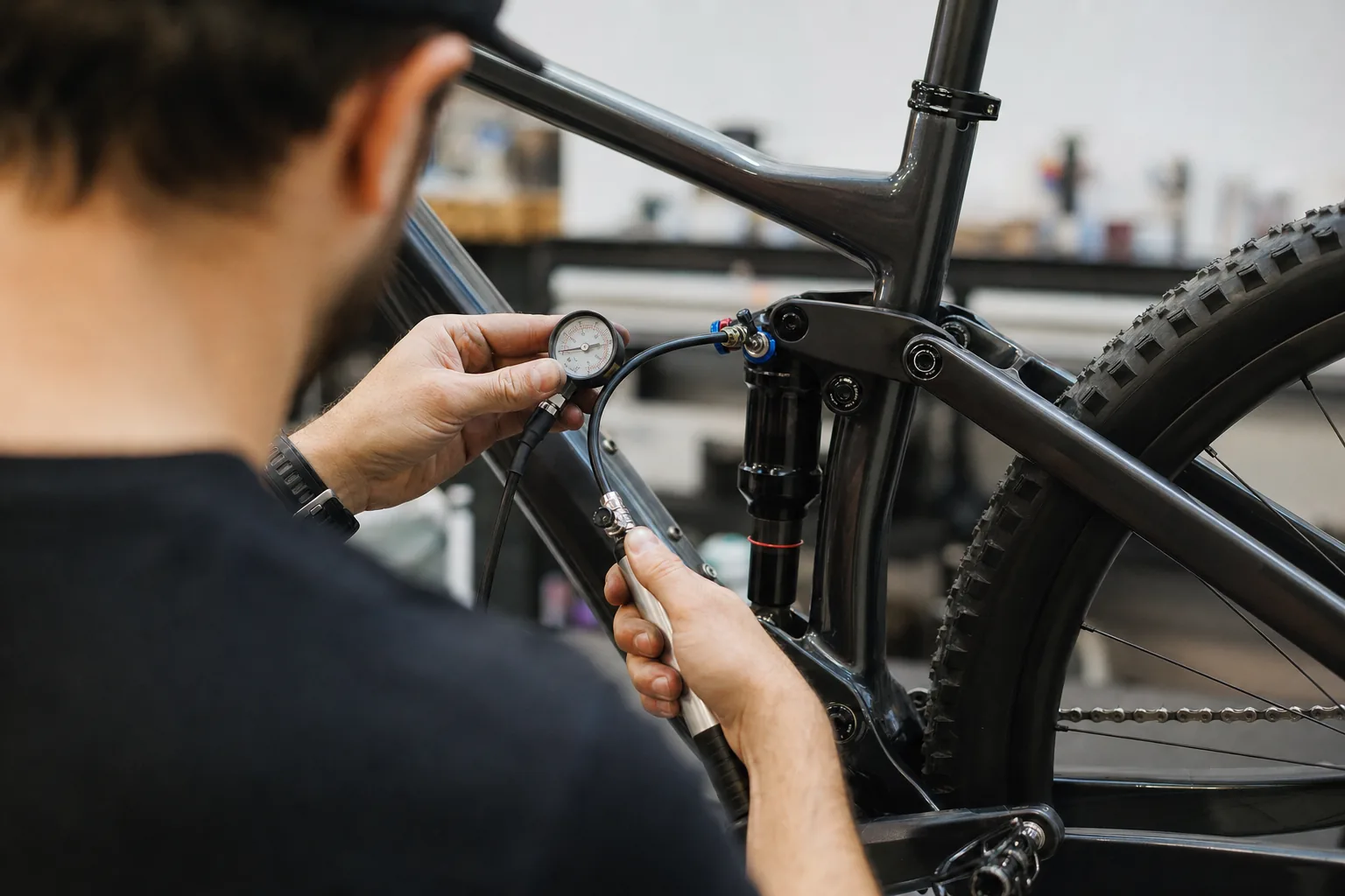 Réglage de la pression et du rebond d’un amortisseur de VTT XC avec une pompe haute pression