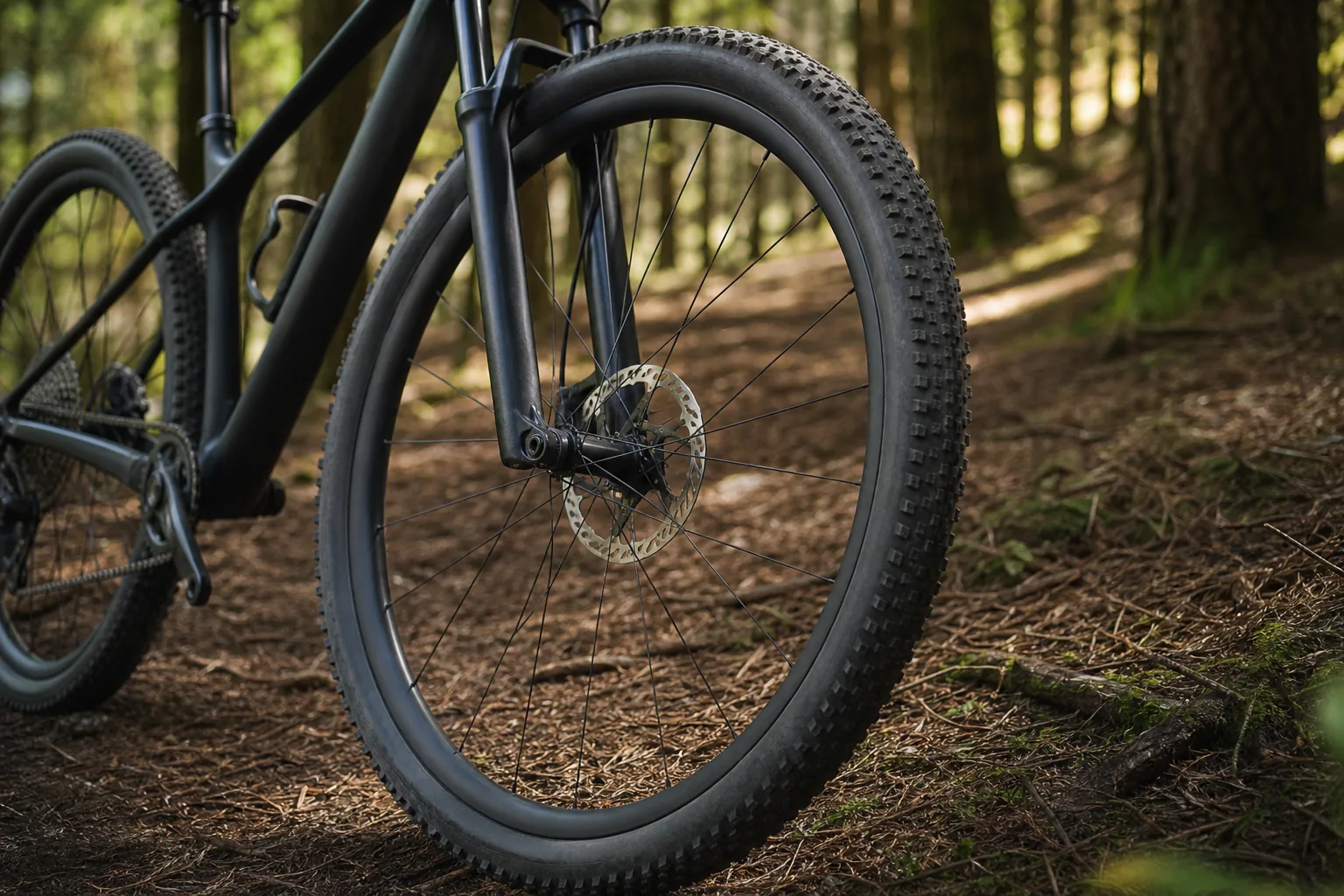 Roue de VTT XC 29 pouces avec pneu rapide sur un singletrack forestier