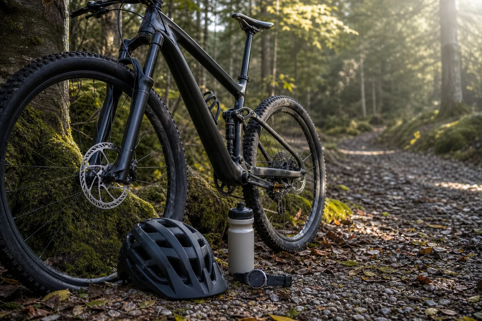 VTT XC, casque et montre prêts pour une routine d’échauffement