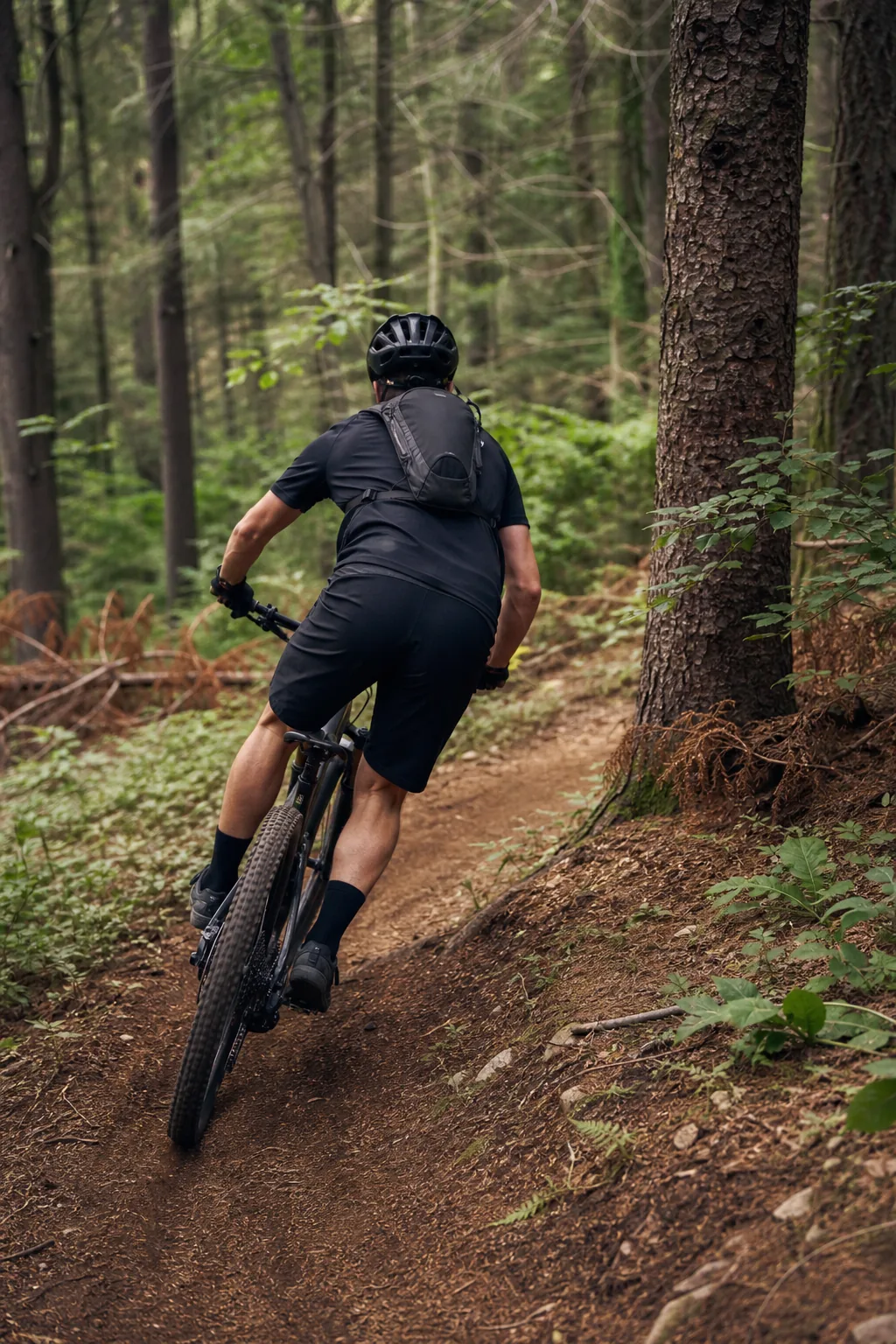 Vététiste XC portant un sac d’hydratation compact sur un singletrack