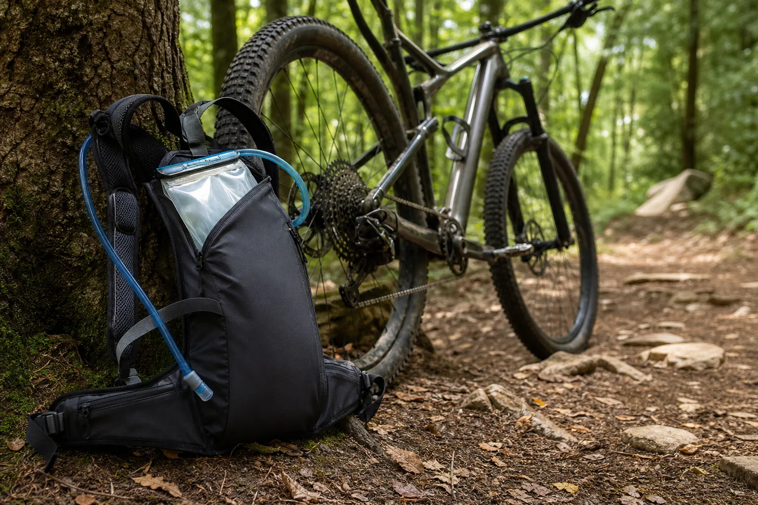 Petit sac d’hydratation posé près d’un VTT XC sur un sentier