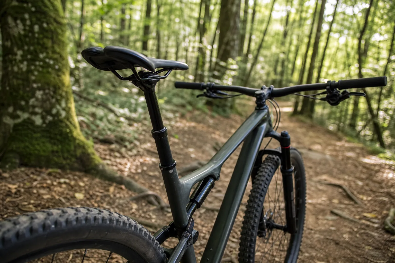 VTT XC sur singletrack avec gros plan sur la selle et la position de pilotage
