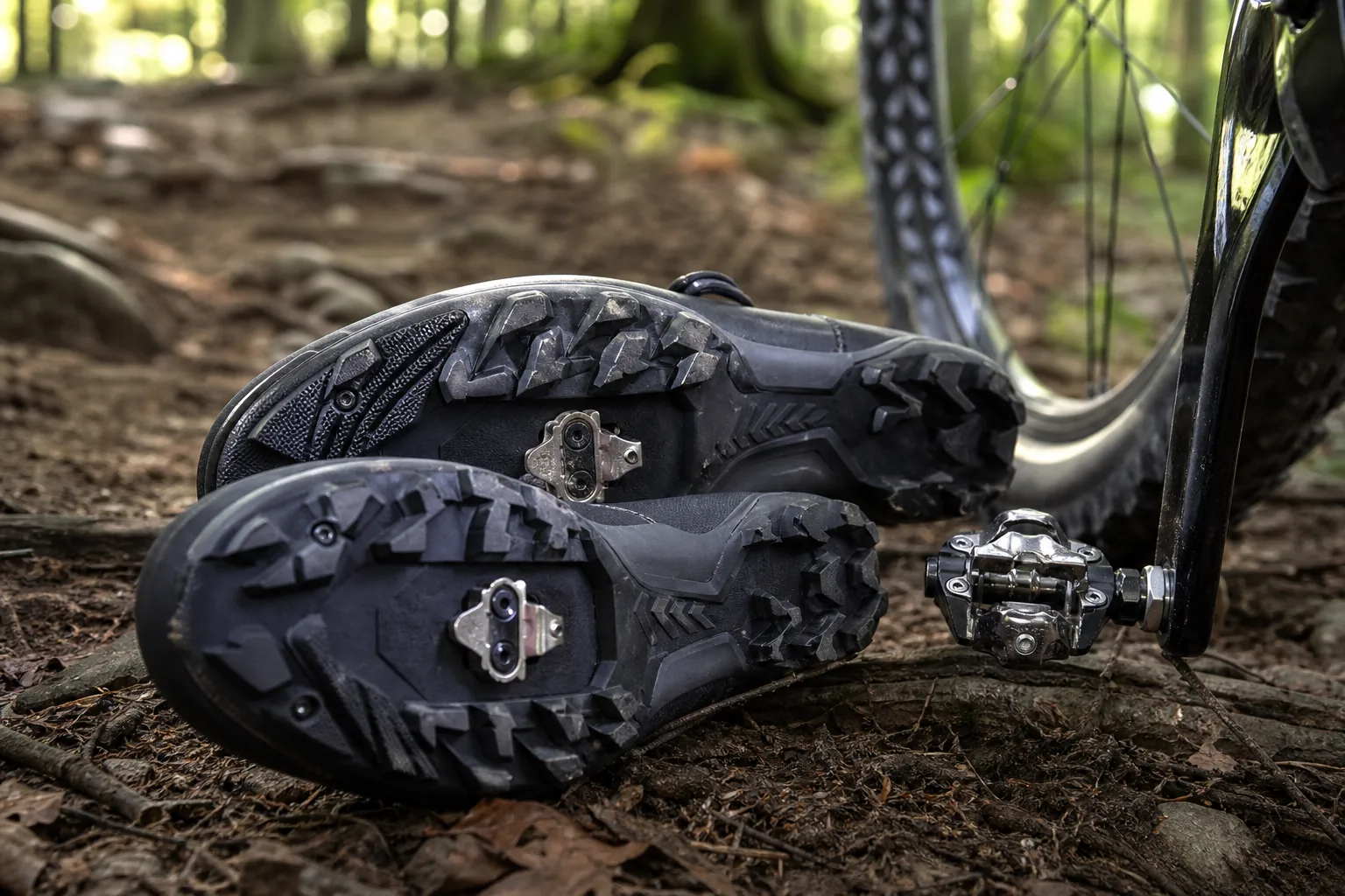 Semelles de chaussures VTT XC avec cales SPD près d'une pédale automatique