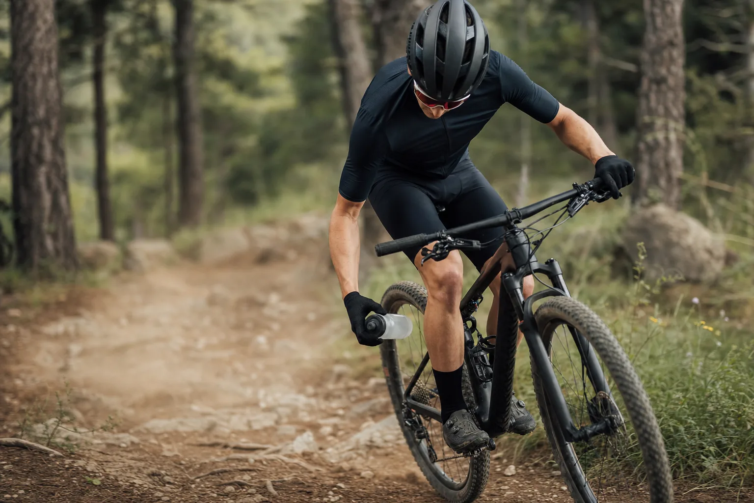 Pilote de VTT XC attrapant son bidon pendant une sortie