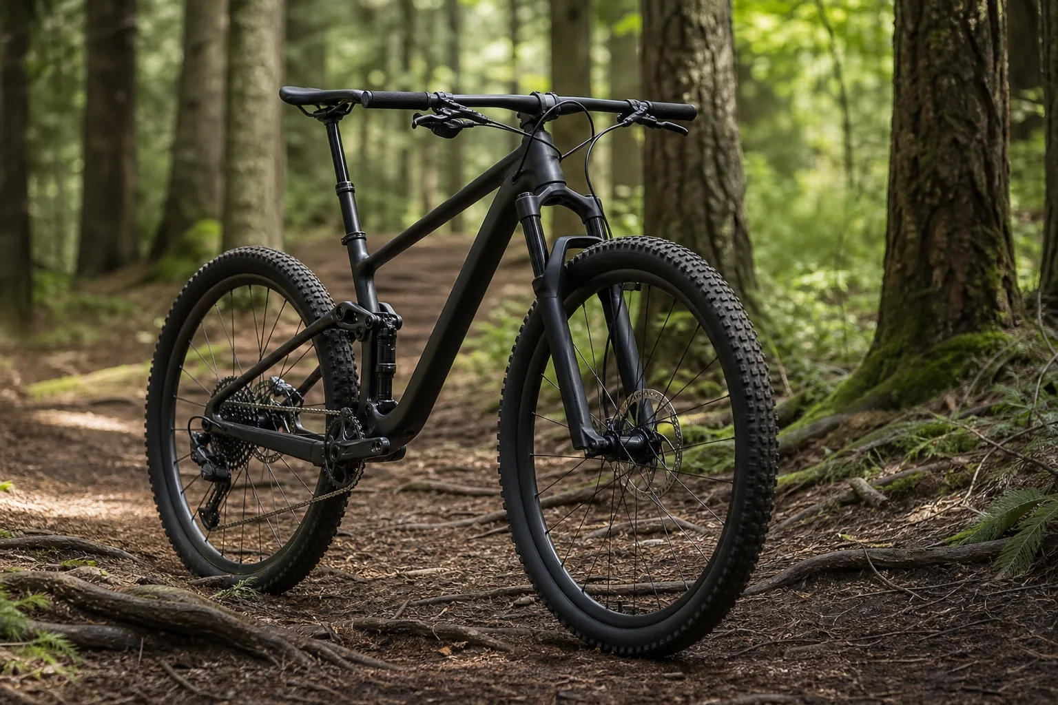 VTT XC sur un sentier forestier avec tige de selle télescopique visible