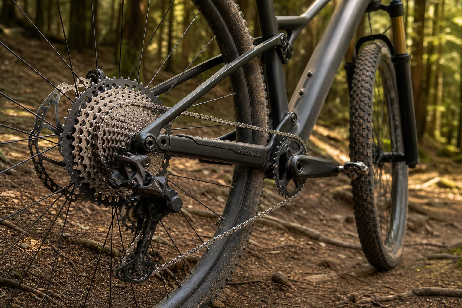 Transmission 1x12 sur un VTT XC avec cassette et dérailleur arrière visibles