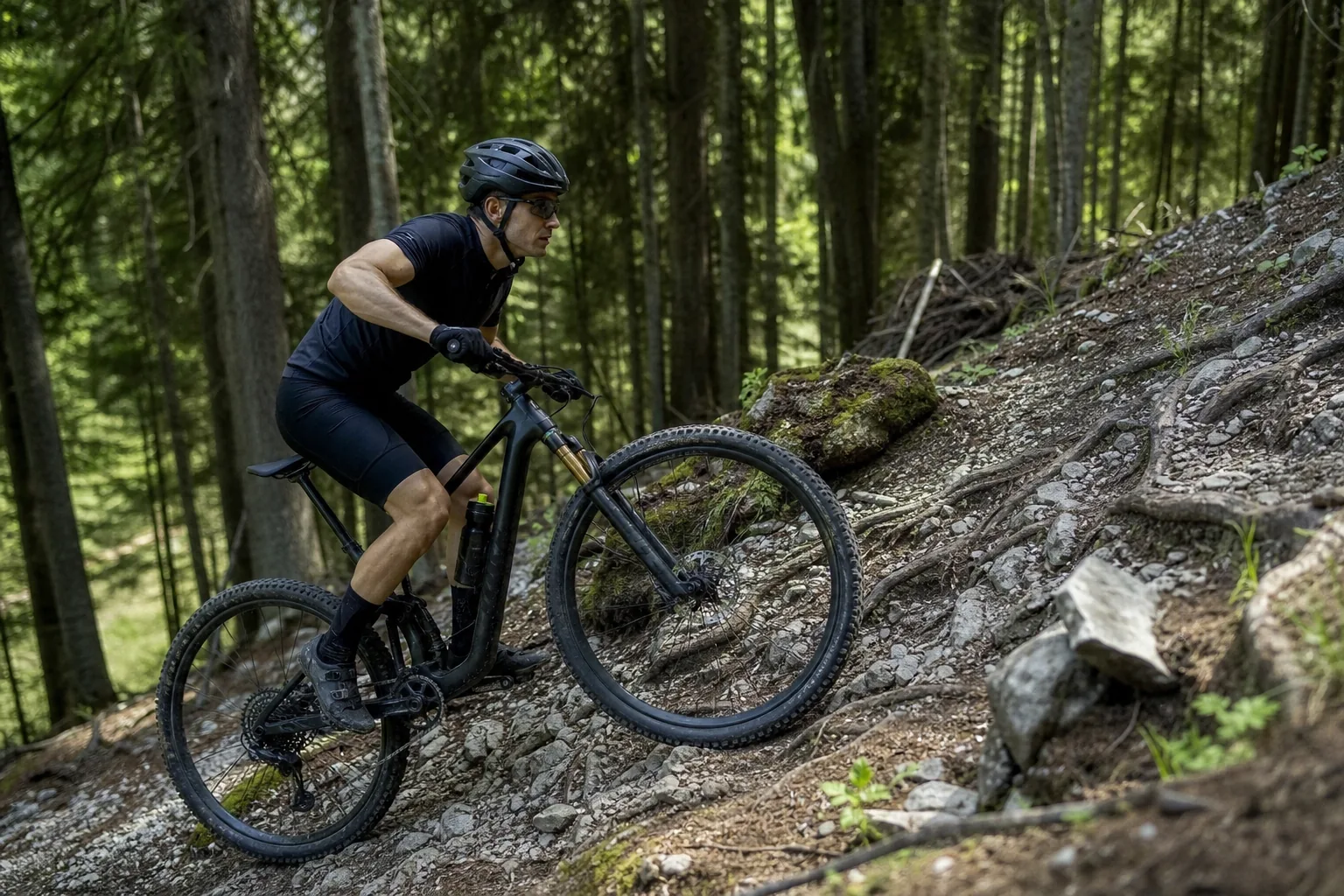 Vététiste sur un vélo XC carbone en montée forestière