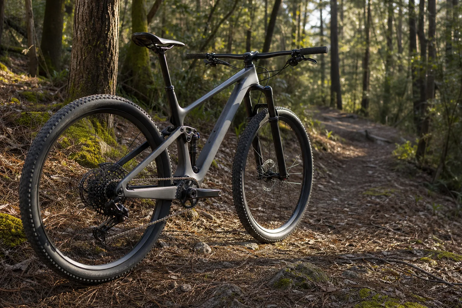 VTT XC carbone posé sur un singletrack forestier