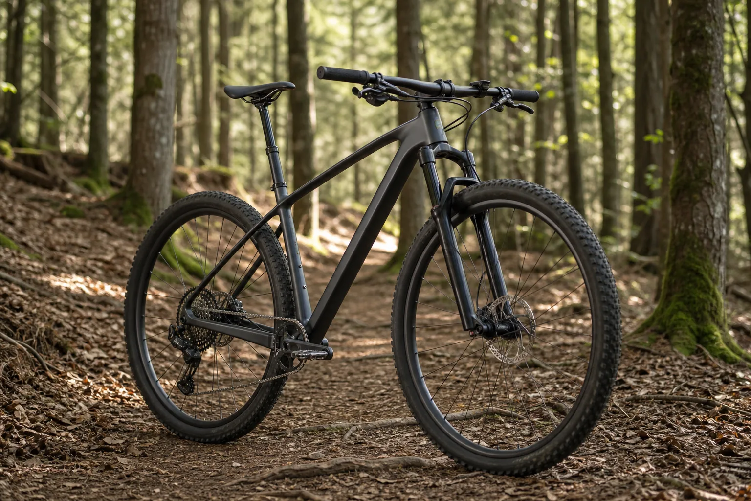 VTT XC semi-rigide 29 pouces sur un singletrack forestier sec