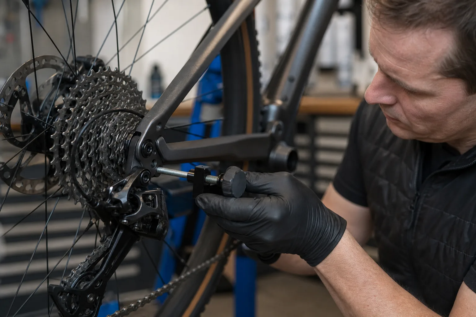 Contrôle de l'alignement d'une patte de dérailleur sur un VTT XC