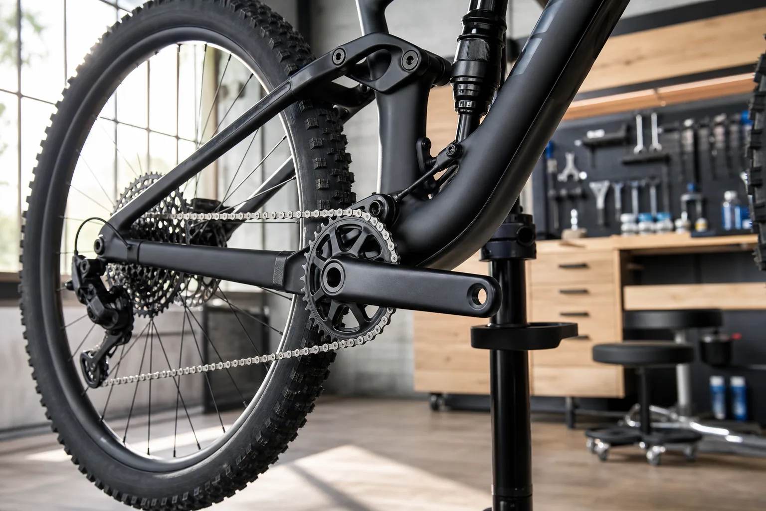 Gros plan sur le boîtier de pédalier et les manivelles d’un VTT XC