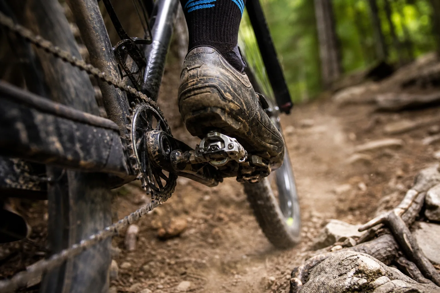 Chaussure clipsée dans une pédale automatique de VTT XC sur un sentier