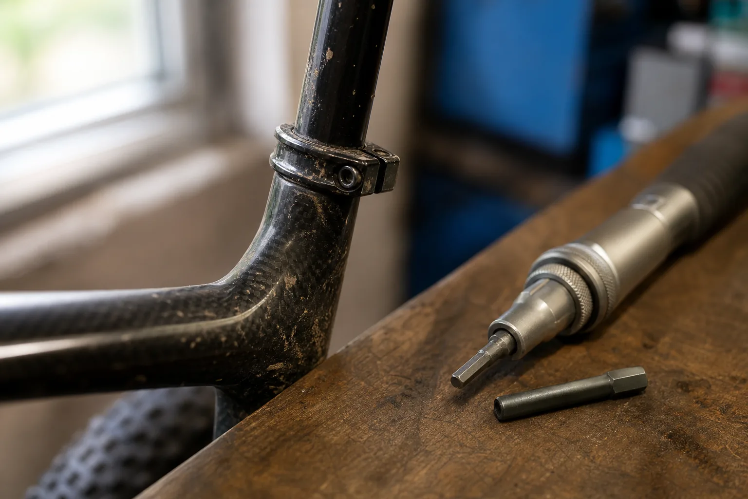 Clé dynamométrique près d’un collier de tige de selle carbone de VTT XC