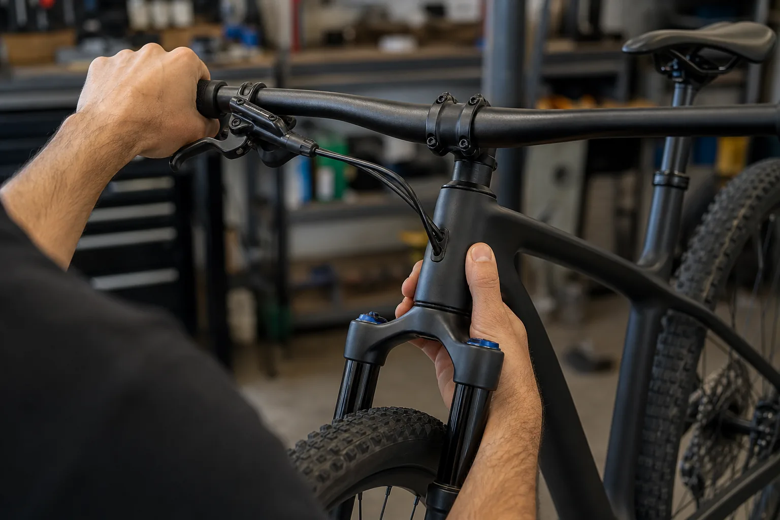 Contrôle du jeu de direction sur un VTT XC avec le frein avant bloqué