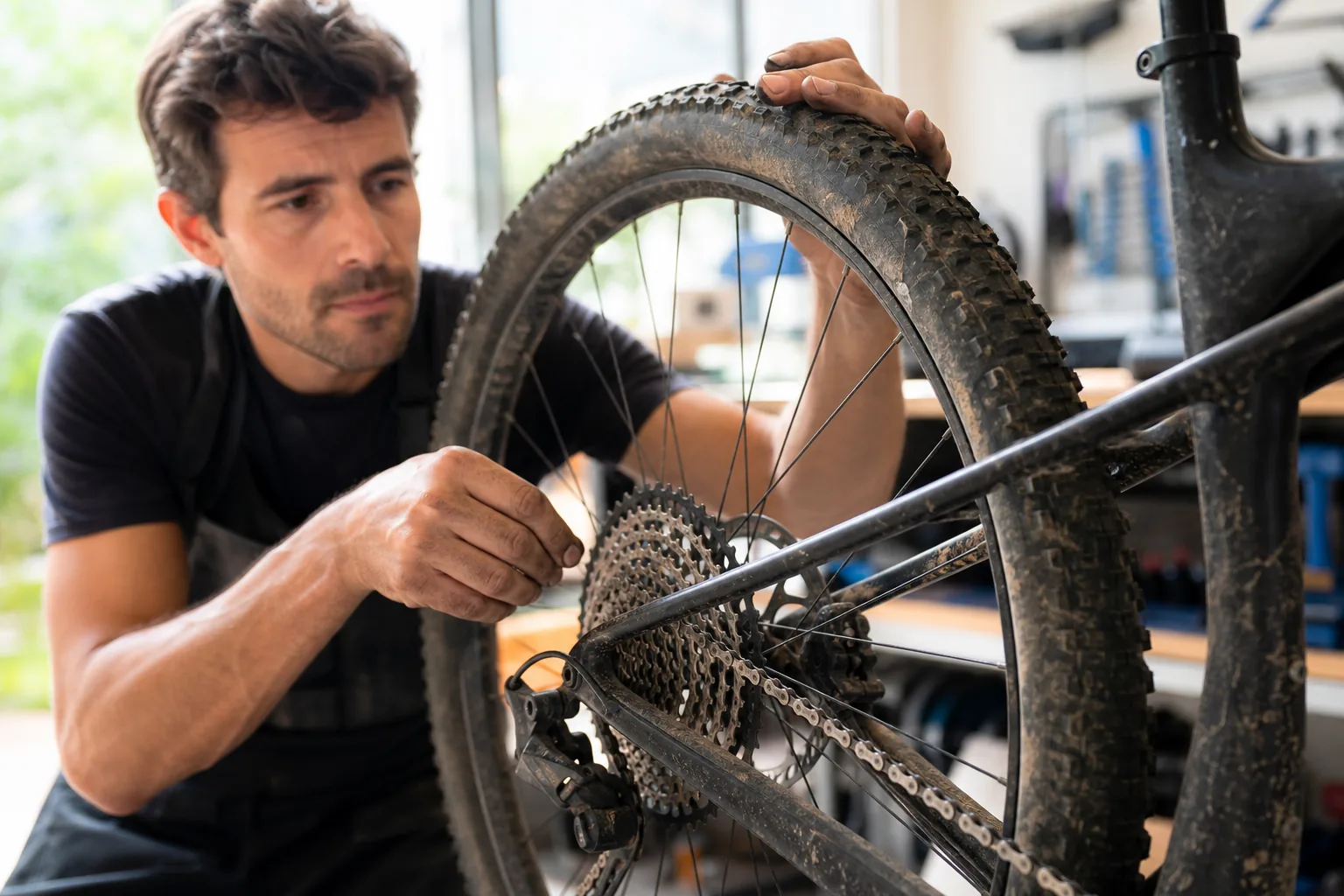 Contrôle du jeu d’une roue arrière de VTT XC dans un atelier