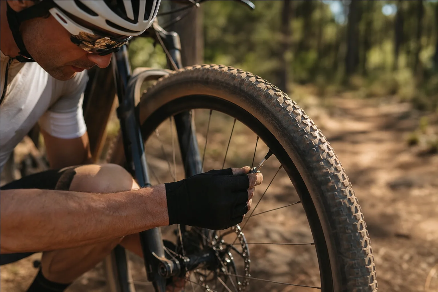 Contrôle de pression tubeless sur une roue de VTT XC au bord d’un sentier