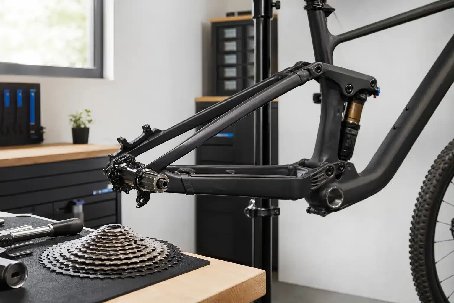 Corps de roue libre visible sur une roue de VTT XC en atelier